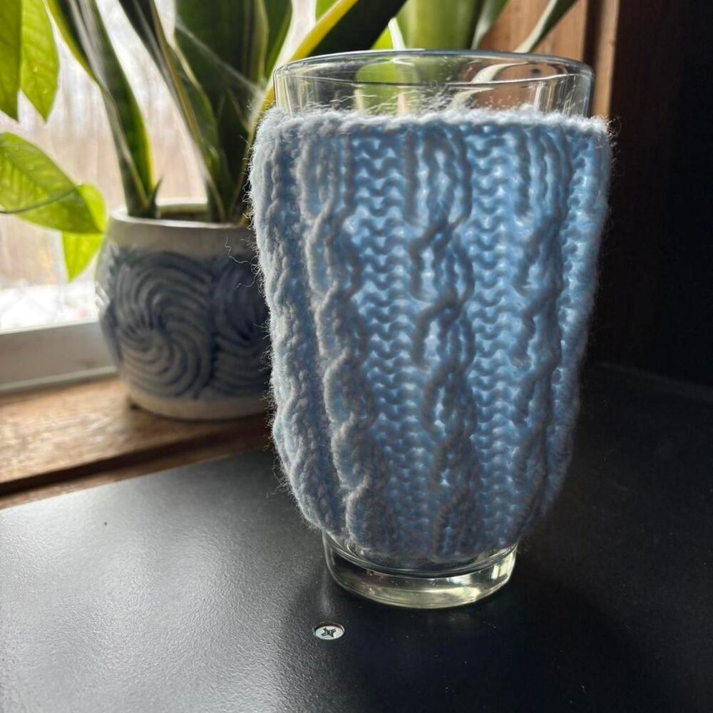 blue cable knit coffee sleeve cozy